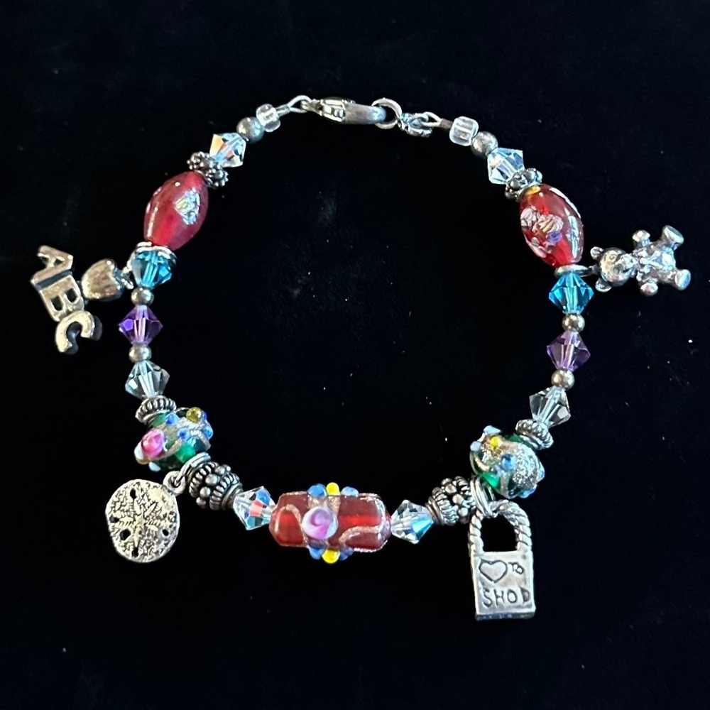 Vintage Style Multi Charm Beaded Bracelet Murano Lampwork Glass Crystals 7 Inch